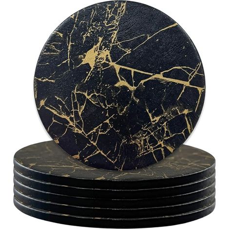 Dessous de Verre Cuir PU Effet Marbre Noir Dessous de Tasse Antidérapants Isolants sous Verres Ronds Café Bière Boissons Décoration (1/5)
