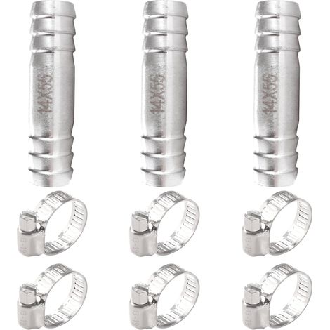 3 Pièces 14mm Coupleur Droit Adaptateur, Raccords de Tuyau Cannelés en Acier Inoxydable, Connecteur de Tuyau de Carburant en 2 Voies, avec 6 Pièces Colliers de Serrage, pour Air, Gaz, Eau (1/5)