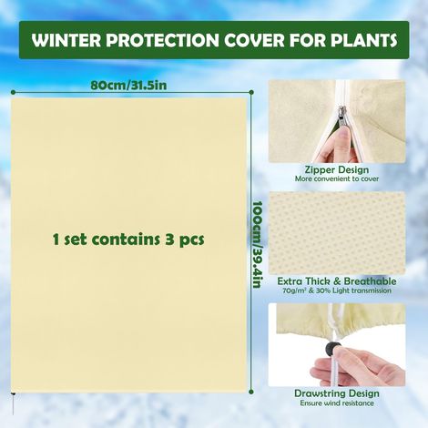 Copertura invernale per piante da esterno, 3 pezzi, 100x80 cm, 70 g/m², antistrappo, riutilizzabile, con cerniera, protezione invernale per piante, beige, per palme (1/4)
