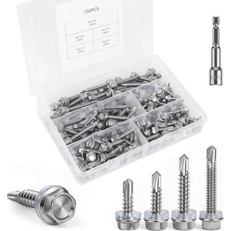 Vis Autoforeuse Metal Inox 410 Vis Autoperforante 150Stk 6.3x19/25/32/45/50mm avec Rondelles D'étanchéité EPDM et 1 Douilles Hexagonale pour Metal Bac Acier Bois Tôle Placo Toiture (1/5)