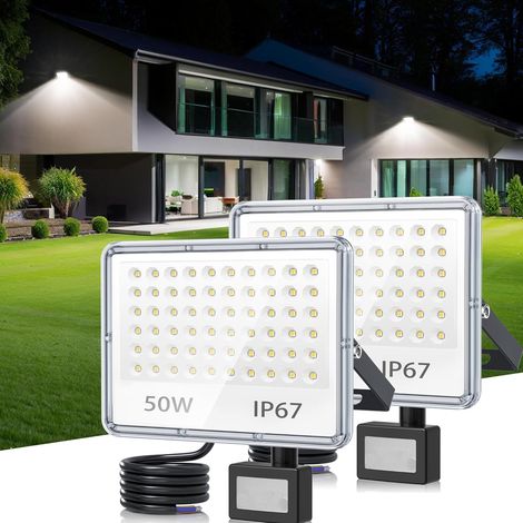 Projecteur LED Exterieur Detecteur de Mouvement 50W, Spot LED Extérieur Detecteur de Mouvement 5000LM 6500K, IP67 Etanche Éclairage de Sécurité pour Jardin, Patio, Garage, Entrée, Lot de 2