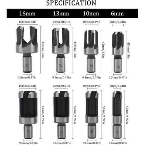 8 Pièces Fraise à Bouchonner Bois, Mèche à Bouchon Bois 6 mm/10 mm/13 mm/16 mm, Acier Carbone Bois Plug Perceuse pour le Travail du Bois, Forets à Bois à Griffe et Coniques (1/3)