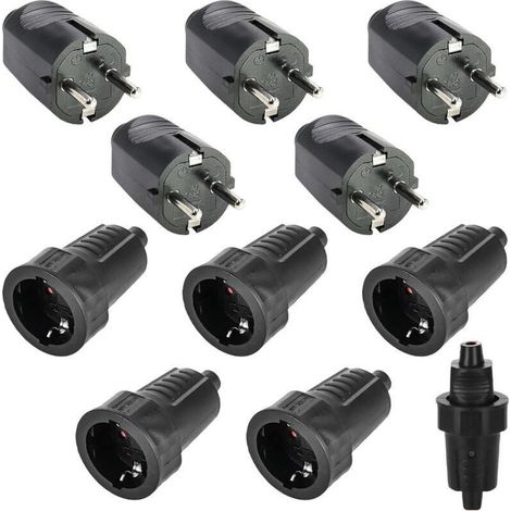 Lot de 5 paires de fiches Schuko : 250 V 16 A IP54 - En caoutchouc - Avec contact de protection - 2 broches - Extérieur étanche - Noir - Fiche Schuko et raccord en caoutchouc sans câble (1/4)