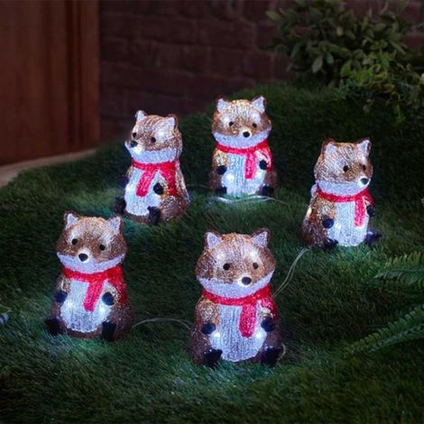 14cm Set of 5 Battery Operated Light up Christmas Fox Ornaments with 40 Cool White LEDs (1/4)