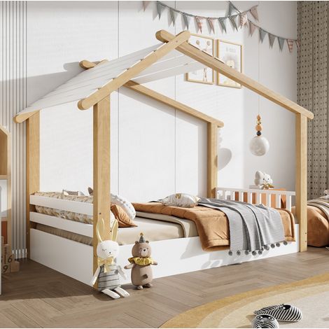 Lit enfant maison en bois massif et MDF blanc/naturel 90x200 cm avec sommier à lattes (1/5)