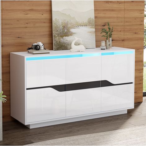Aparador de salón (140x40x70 cm), con 3 puertas, estantes ajustables, LED, tablero de partículas, blanco y negro (1/5)