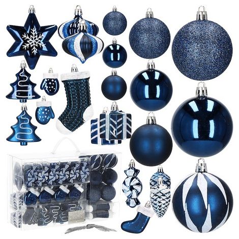Bombki de Navidad 77 piezas. Conjunto de adornos navideños de color azul marino.