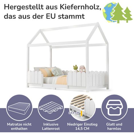 Lit cabane 90x200 cm - lit enfant bois polyvalent fille garçon - barrière sécurité incluse + sommier lattes - blanc (sans matelas) (1/5)
