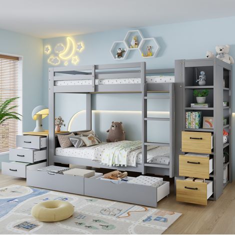 Lit superposé 90x200 cm en bois gris, 2 couchages pour chambre d’enfant ou d’adolescent, avec 2 tiroirs sous le lit, étagère latérale à rangements et chevet mobile – CHICFURN (1/5)