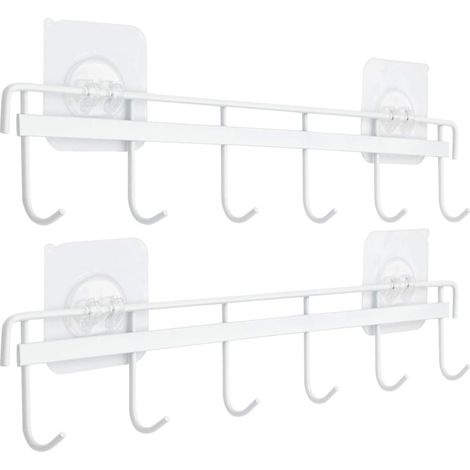 Crochets muraux adhésifs pour cuisine, porte-ustensiles gain de place, fixation murale sans perçage, avec 6 crochets pour cuisine, salle de bain et chambre (lot de 2). (1/5)