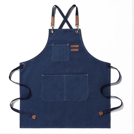 (bleu)Tablier en toile, tablier de travail pour hommes et femmes, tablier de chef avec bretelles réglables et 3 poches, tablier de serveur, tablier de cuisine, tablier de pâtisserie, tablier d'artist (1/5)