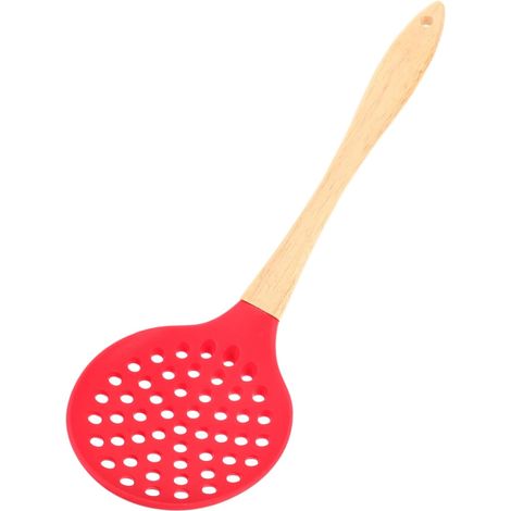 Écumoire en silicone avec manche bois rouge, résistante chaleur (1/5)