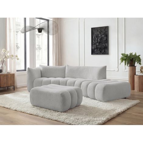 BOBOCHIC - Canapé incurvé fixe 4 places AZRA tissu bouclette avec pouf Angle gauche  Gris clair