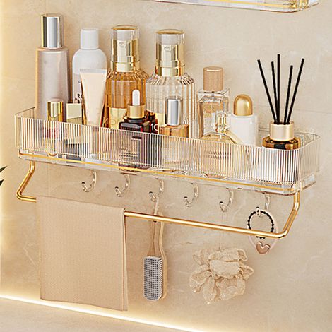Étagère de salle de bain en aluminium, robuste et résistante, à fixation murale, pour chambres et cuisines, transparente, avec crochet et porte-serviettes (1/5)