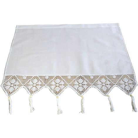Rideau en coton blanc 90x100 cm, tissu lisse, orné de dentelle et de franges (1/5)