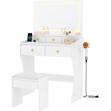 Coiffeuse avec Miroir LED, 5 Tiroirs, Luminosité Réglable, Prises Électriques, Plateau Transparent et Tabouret pour Chambre