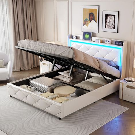 Letto contenitore 140x190 cm, con illuminazione a LED, ricarica USB, chiusura a pressione in cristallo, contenitore idraulico, PU, rete a doghe, bianco