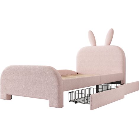 Cama infantil acolchada 90 x 200 cm de felpa y MDF con cabecero conejo, 2 cajones, rosa HOMVRA (1/5)