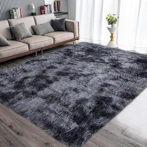 Tapis Chambre Modernes Moquette Chambre Soft Tapis à Poils Longs Shaggy Antidérapant Intérieur Moelleux épais (Grau Schwarz, 140 x 200 cm) (1/5)