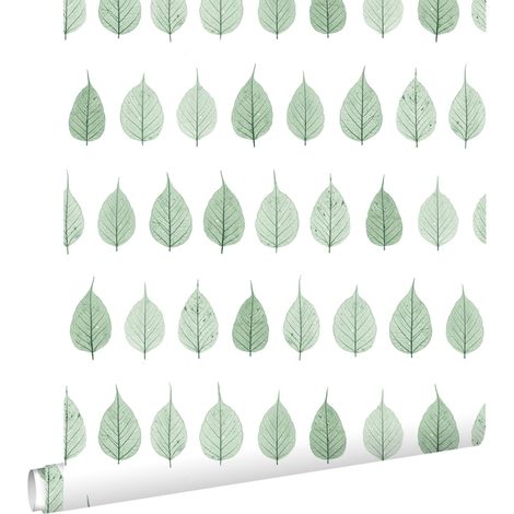 papier peint squelettes de feuilles vert jungle tropicale et blanc mat  - ESTAhome (1/5)