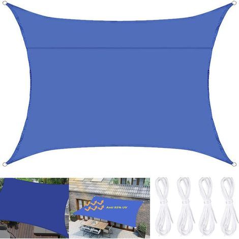 Waterproof rectangular shade sail (200 x 300 cm), 95% UV protection, for patio, garden, balcony, blue (1/5)