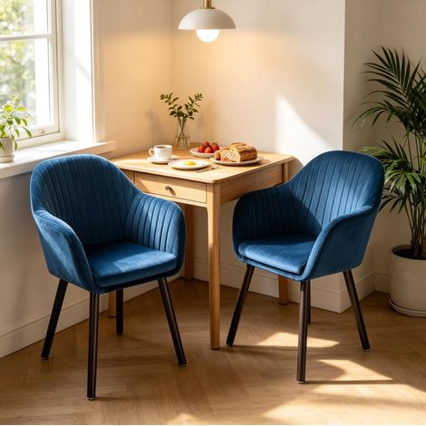 Set di 2 sedie da pranzo 81 cm in velluto nero/blu con braccioli, schienale ergonomico e piedini protettivi (1/5)