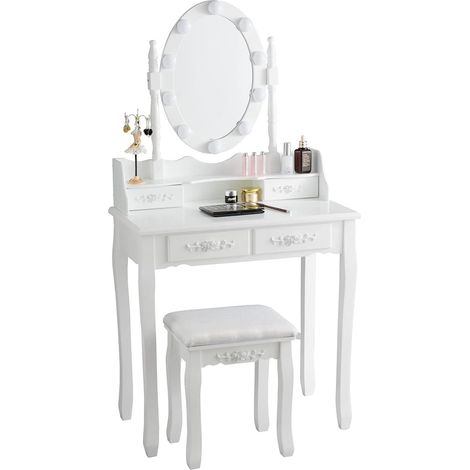 COSTWAY Toeletta da Trucco con 10 Luci LED, Tavolo da Trucco con Specchio Ovale Illuminato, Toeletta con 4 Cassetti e Sgabello Imbottito per Camera da Letto (Bianco) (1/5)