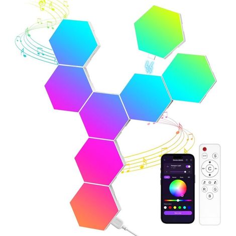 8 ensembles de panneaux lumineux LED hexagonaux, appliques murales intelligentes en nid d'abeille, lumières de jeu modulaires synchronisées avec la musique (1/5)