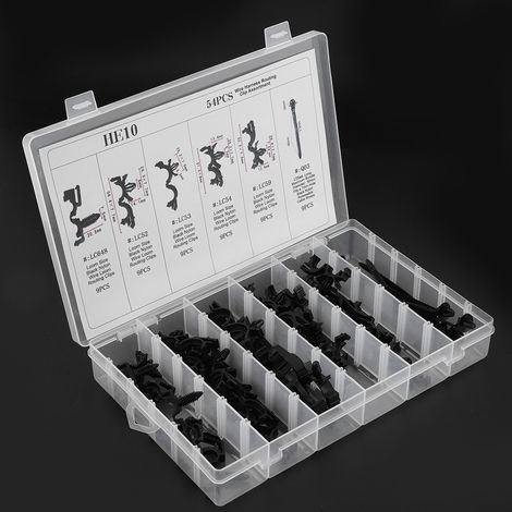 Kit 54 pièces agrafes câblage automobile gaine corrugée, 6 tailles assorties, plastique noir, coffret rangement universel neuf (1/5)
