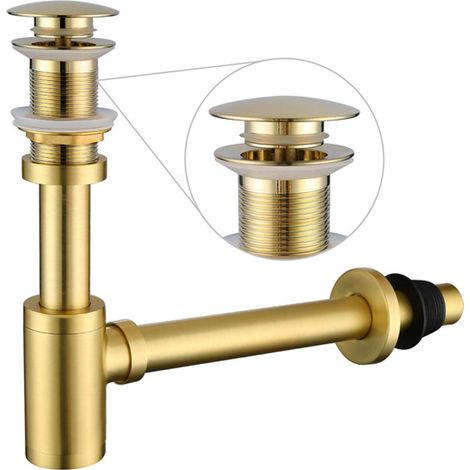 Ensemble complet de siphon en P pour lavabo de salle de bain, kit de vidange d'évier réglable de 1-1/4 po, tube en laiton massif avec siphon à tirette, version sans trop-plein, or brossé