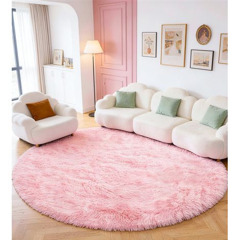Tapis rond à poils longs pour salon, chambre à coucher, lavable, antidérapant, très doux, pour salon ou chambre à coucher - Rose - Diamètre 200 cm, rond (1/5)