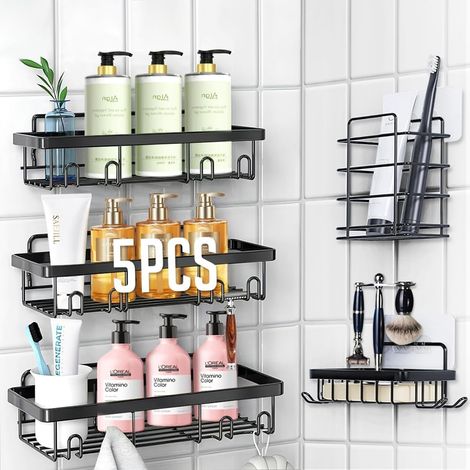 No-Drill Shower Caddy - Bathroom Shelf - No-Drill Shower Caddy - Stainless Steel Black - For Shampoo and Shower Gel - Set of 5 with 16 Hooks (1/5)