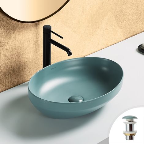 Vasque à poser ovale 50x36cm en céramique vert d'eau mat + bonde pop-up incluse collection OPERA