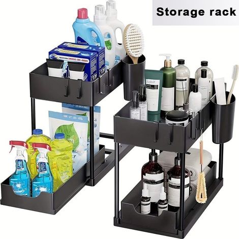 Lot de 2 organisateurs sous évier – Tiroir coulissant pour accès facile – Rangement cuisine et salle de bain – Noir – 8 crochets inclus (1/5)