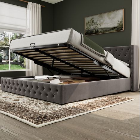 MEUBLIV Lit rembourré chesterfield en velours gris 180 x 200 avec coffre de rangement hydraulique tête de lit haute capitonnée (1/5)