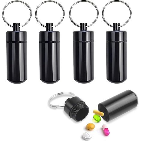 Lot de 4 médailles d'identification pour chats et chiens — Médailles d'identité pour animaux avec anneaux porte-clés et porte-pilules étanches — Noir