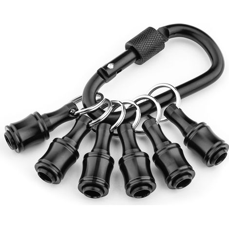 Portapuntas de destornillador hexagonal de 1/4 de pulgada fabricado en aleación de aluminio, extensión, adaptador de tornillo, llavero portátil (6 piezas, negro con mosquetón negro) (1/5)