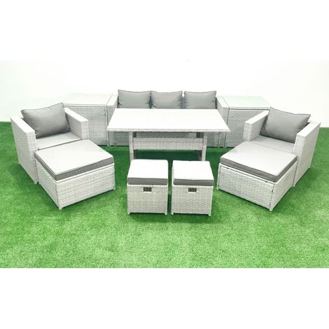 Fimous Polyrattan Gartenmöbel-Set Outdoor 9 Sitzer mit Glasplatte Esstisch und 2 Beistelltischen Hellgrau gemischt (1/5)