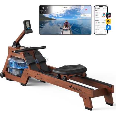 Merach – Rameur à eau 22 L – Connectivité Bluetooth et APP – Écran LCD – Résistance progressive – Bois massif certifié FSC – Max 150 kg (1/5)