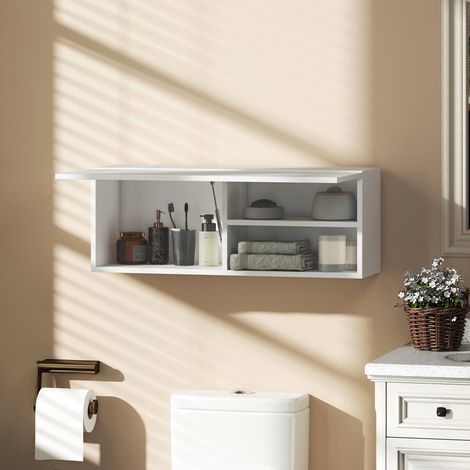 Mobiletto da bagno, pensile con anta a ribalta, molla a gas, ripiano, 80 x 25 x 30 cm, bianco (1/5)