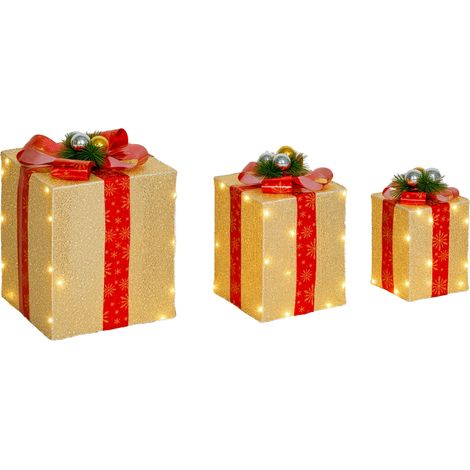 Outsunny juego de 3 cajas de regalo Navidad con luces adornos luminosos para el árbol de Navidad con 58 LED blanco cálido illuminación navideña dorado (1/5)
