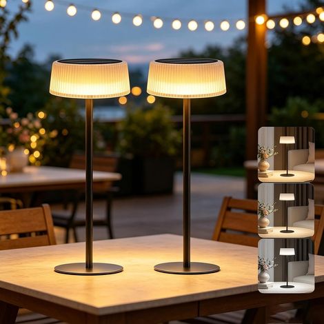 Lampe de Table Solaire Exterieur Lot de 2, LED Rechargeable Tactile Lampe de Table Exterieur avec 3 Modes Couleur, Luminosité Réglable, USB-C, IP65 étanche pour Jardin, Terrasse et Intérieur (1/5)