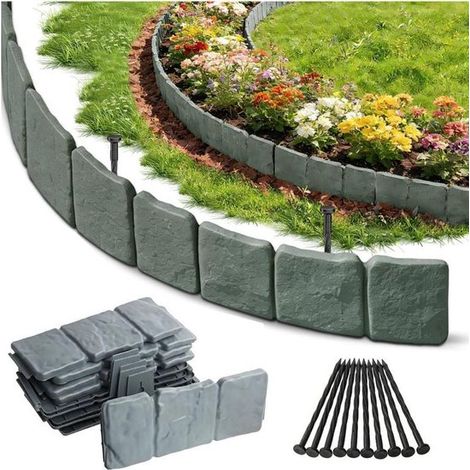 Bordures de pelouse - Lot de 20 pièces - 5 mètres de long - Gris - Bordures de jardin - Bordures de jardin en plastique - Bordures de clôture (1/5)