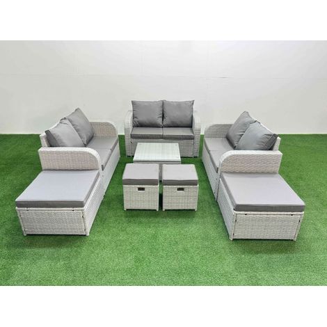 Fimous Outdoor Garden Furniture Set PE Rattan Love Sofa Set with Coffee Table 4 Footstools Light Grey (1/4)