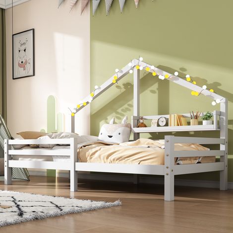 Lit cabane 90x200cm en bois de pin massif – avec étagères de rangement – design scandinave – sécurité renforcée pour enfants – Merax