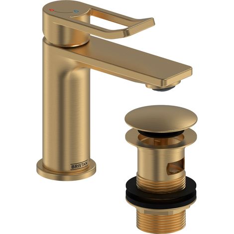 Bristan Saffron Eco Start Small Basin Mixer Tap with Clicker Waste - Brushed Brass (1/3)