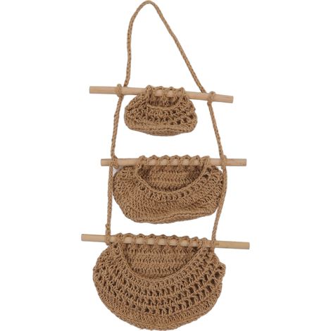 Panier à fruits suspendu à 3 niveaux, mural, fait main, en corde de chanvre et bois, pour jouets, peluches et poupées. (1/5)