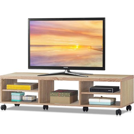 COSTWAY Meuble TV Moderne avec Roues Verrouillables Téléviseur Jusqu'à 140 CM (55''), Étagères de Rangement Ouverts pour TV, chêne (1/5)