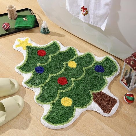 Badematte mit Weihnachtsbaummuster, geeignet für die Weihnachtsdekoration, grüne saugfähige Matte, waschbar, rutschfest, weich, 60 x 80 cm. (1/5)