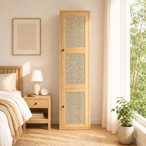 Armoire 1 porte chêne avec 3 tiroirs et porte en rotin, Petite armoire, gain de place penderie moderne de chambre aspect chêne, 45x47x200 cm (1/5)